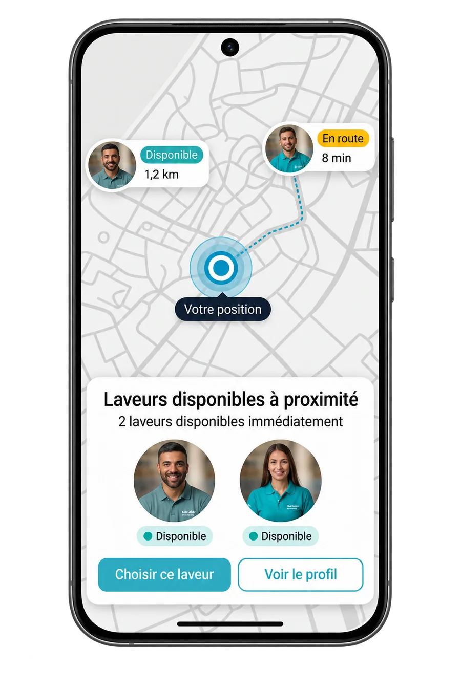 Téléphone affichant les laveurs MyLavage disponibles à proximité